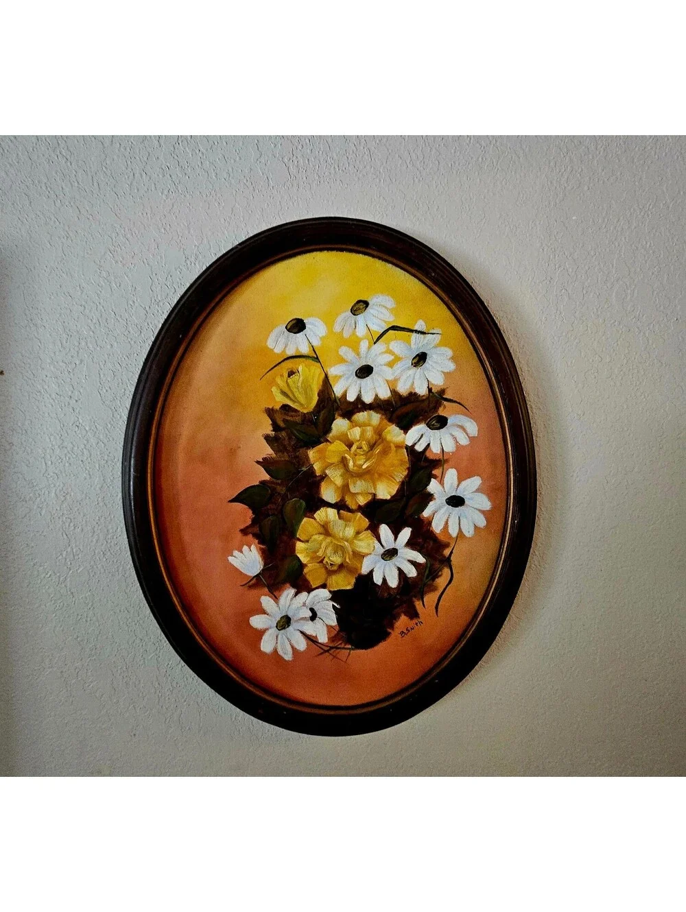 Vintage Floral Painting in Wooden Oval Frame